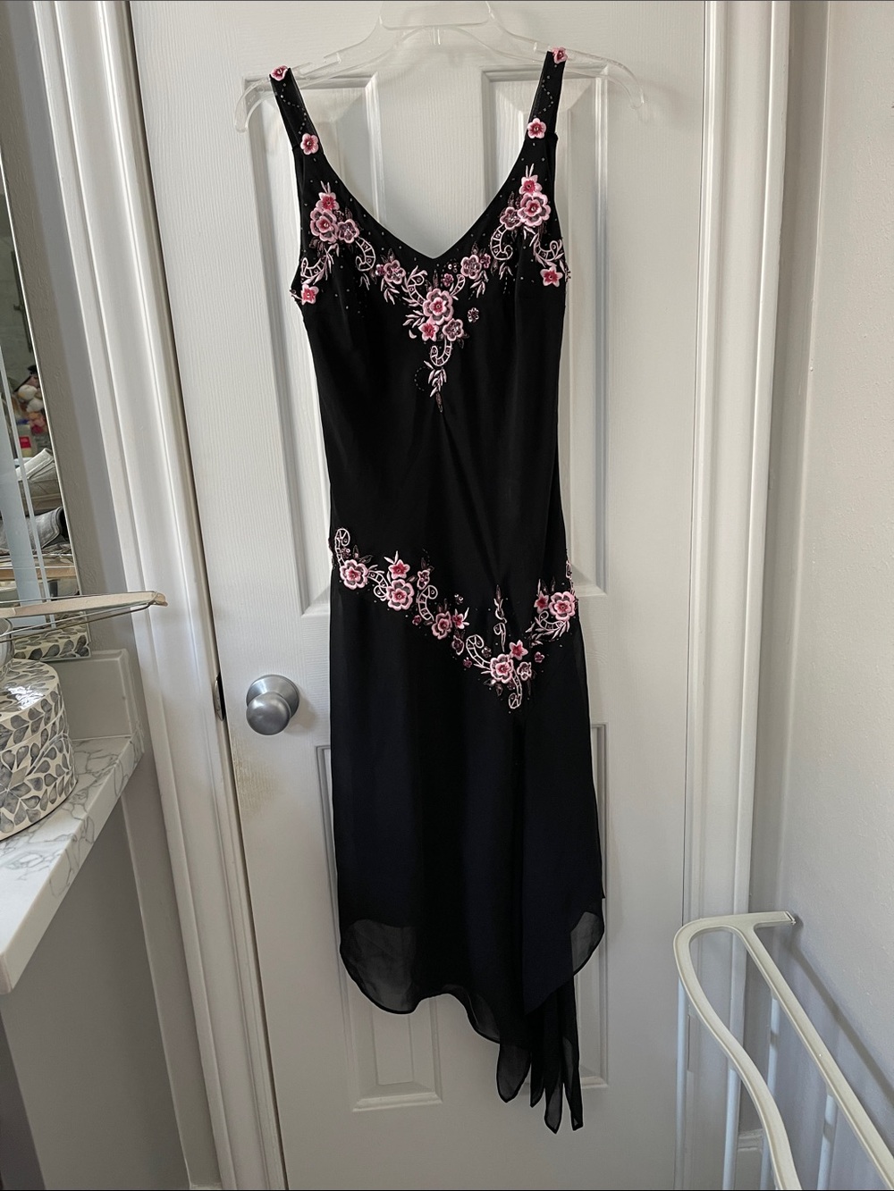 R & M Richards Black Asymmetrical Dress with Pink Floral Embroidery